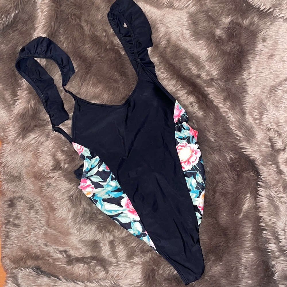 🔥Sexy🔥 Bathing Swim Suit Floral Black Ruffle High Leg Strappy One Piece